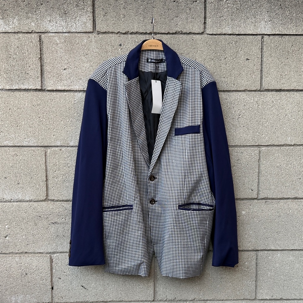 Two-Tone Houndstooth Blazer with Navy Sleeves